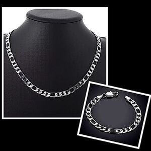 SILVER CUBAN FIGARO CHAIN LINK NECKLACE + BRACELET STERLING STMP .925  SET
